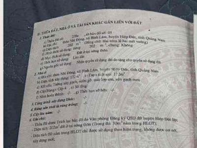 Bán nhà + đất 202m² thôn Nhì Đông, Bình Lâm, Hiệp Đức – sổ hồng riêng