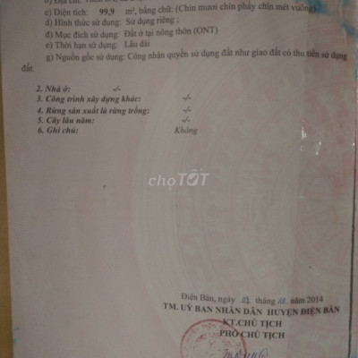 Đất thổ cư, 100m2, sổ đỏ, khu Điện Nam Bắc