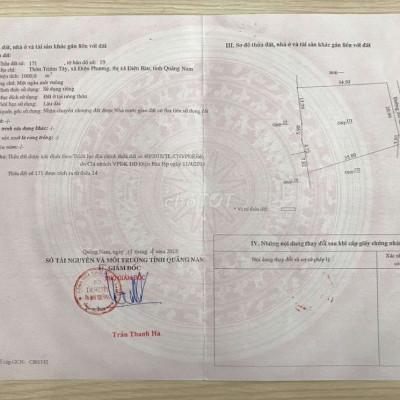 Đất thổ cư, dện tích 1.000m2 sát sông Thu Bồn