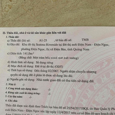 Cắt lỗ lô đất có sổ đỏ 141m2 khu đô thị Sentosa Riverside
