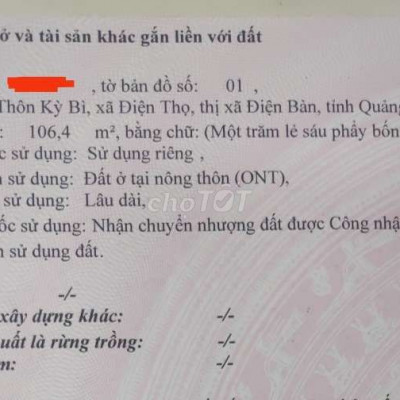 Đất sổ đỏ hơn 100m2 Điện Thọ, Điện Bàn, Quảng Nam