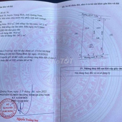 Đất vườn 197m2, 50m2 ONT, huyện Thăng Bình,cách QL1A 650m