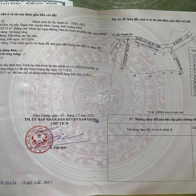 Đất trồng cây lâu năm,200m ngang mặt đường nhựa tt Thạnh Mỹ, Nam Giang