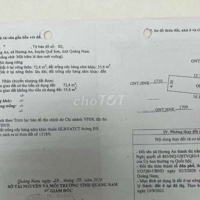 Đất 108m2 Thị Trấn Hương An, Quế Sơn cách chợ 300m, gần Sông