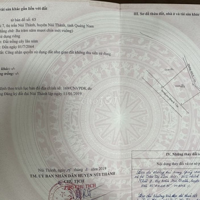 Đất cây lâu năm, ngang 18, dài 20m, đường 5,2m., Núi Thành, Quảng Nam.