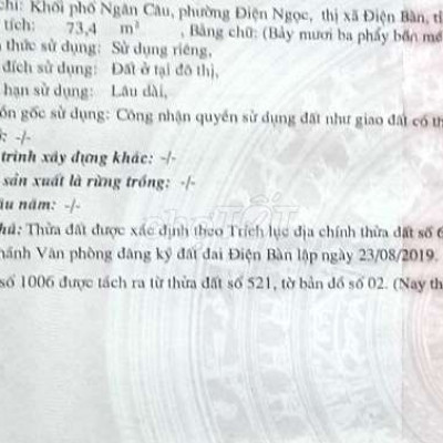 Bán 73m2 đất ở gần ủy ban nhân dân xã điện ngọc 500m