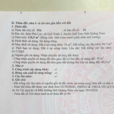 Đất thổ cư 110,5m2 Phú Lộc, quế xuân 2