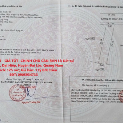 CHÍNH CHỦ CẦN BÁN Đất tại Phú Hải 2,Đại Hiệp,Huyện Đại Lộc,Quảng Nam