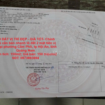 Chính chủ bán nhanh lô đất 2 mặt tiền vị trí tại tp Hội An, Quảng Nam