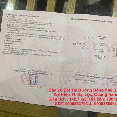Bán Lô Đất Tại Đường Đông Phú 3, Xã Đại Hiệp, H. Đại Lộc, Quảng Nam.