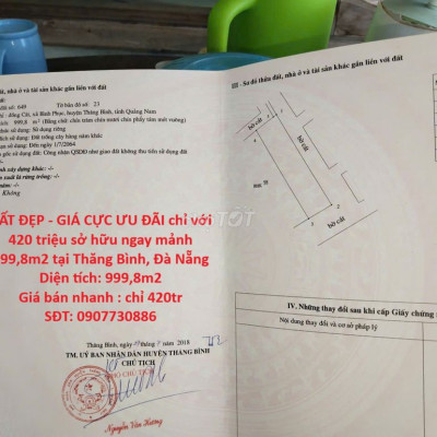 Chỉ với 420 triệu sở hữu ngay mảnh 999,8m2 tại Thăng Bình, Đà Nẵng