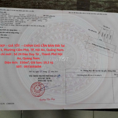 CHÍNH CHỦ CẦN BÁN Đất Tại Khối 3,Phường Cẩm Phô,TP. Hội An, Quảng Nam.