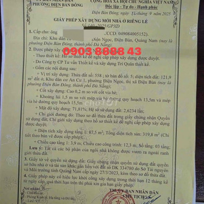 Bán lô góc An Cư 1 Điện Ngọc có giấy phép xây dựng